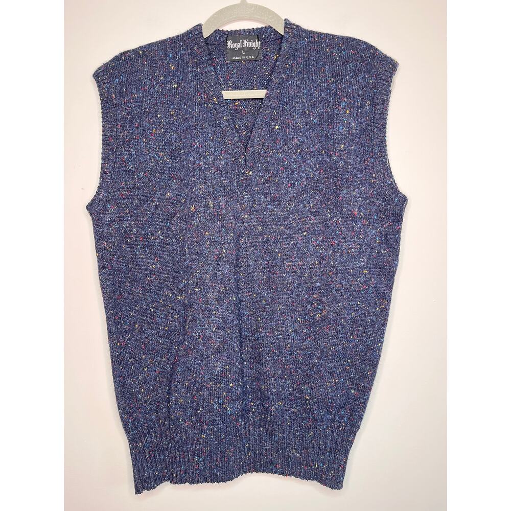 1970s Navy Rainbow Speckle Wool Old Money Teacher Academic Prep Sweater Vest L